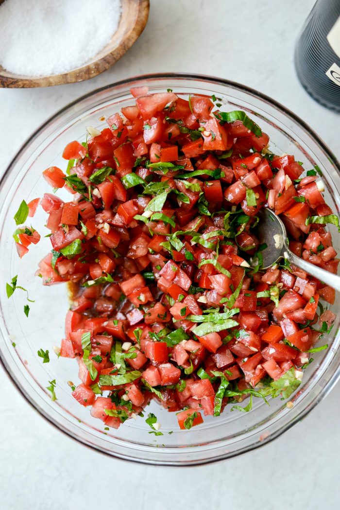 Glass bowl with bruschetta topping