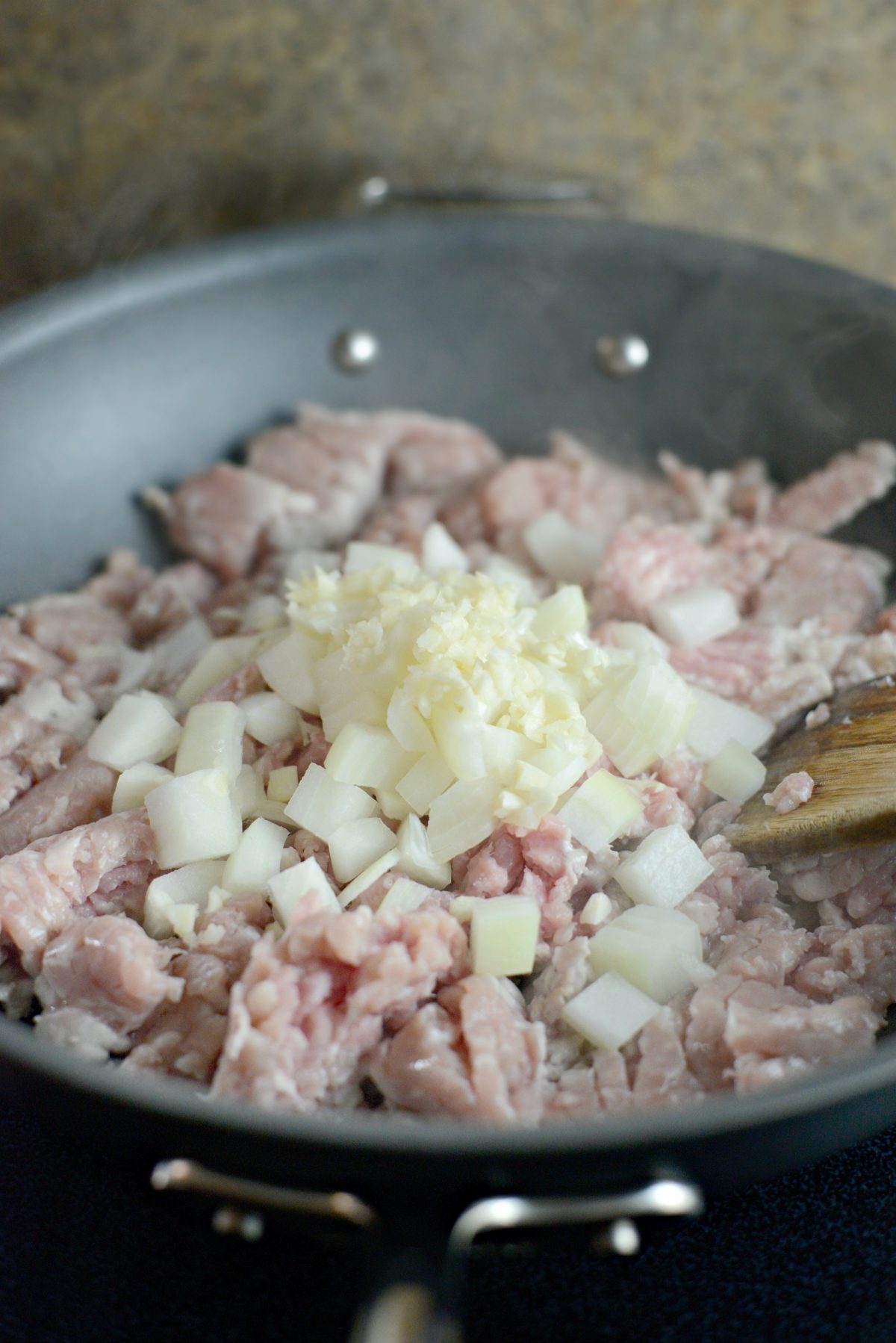 ground pork, onions and garlic 