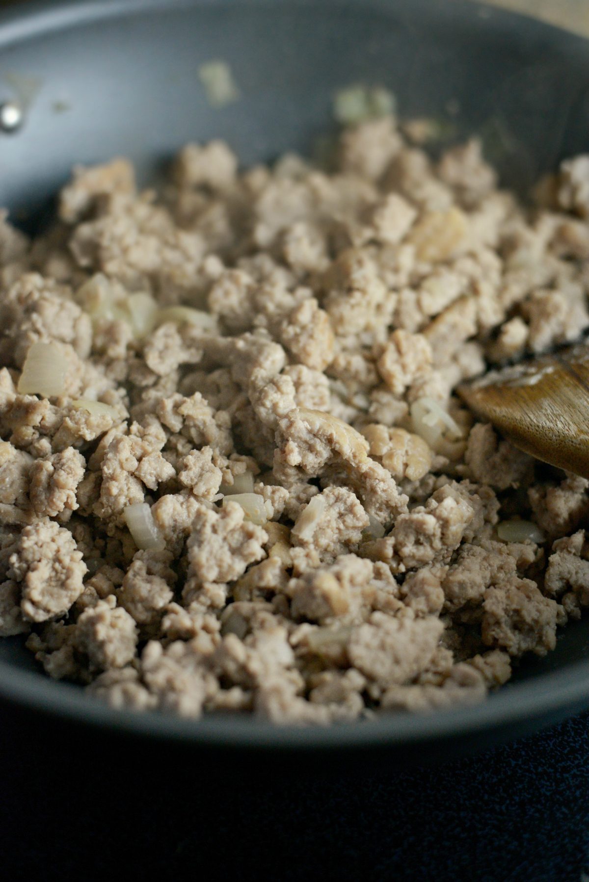 cooked pork, onions and garlic