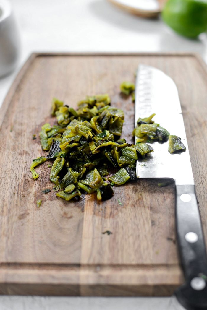 remove skin and stems and chop poblano
