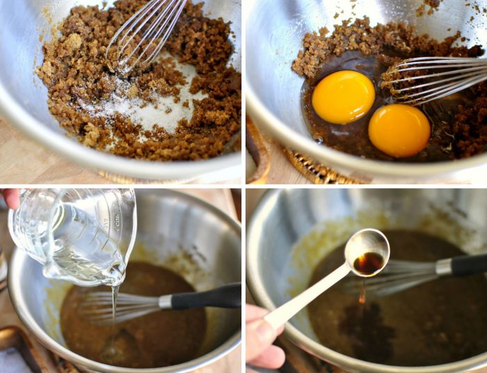 whisk in brown sugar, corn syrup, eggs and vanilla.