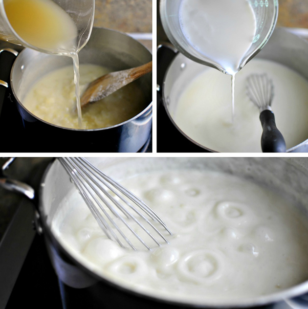 pour broth and milk and thicken