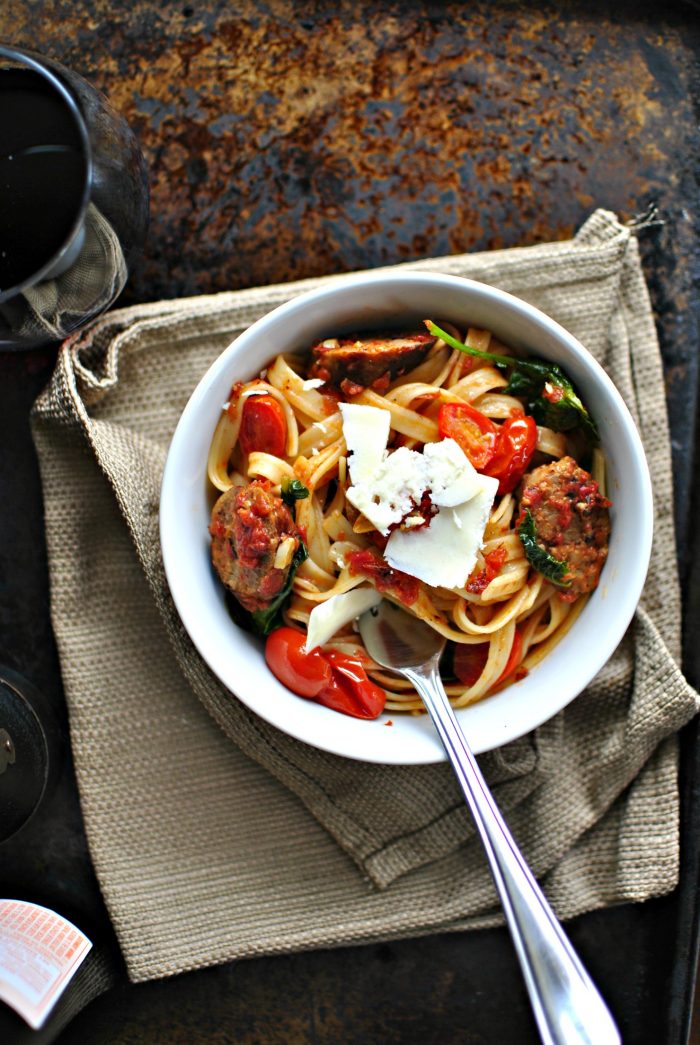 Italian Sausage, Kale and Blistered Tomato Fettuccine