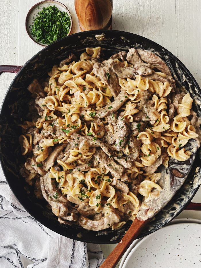 Beef Stroganoff in skillet