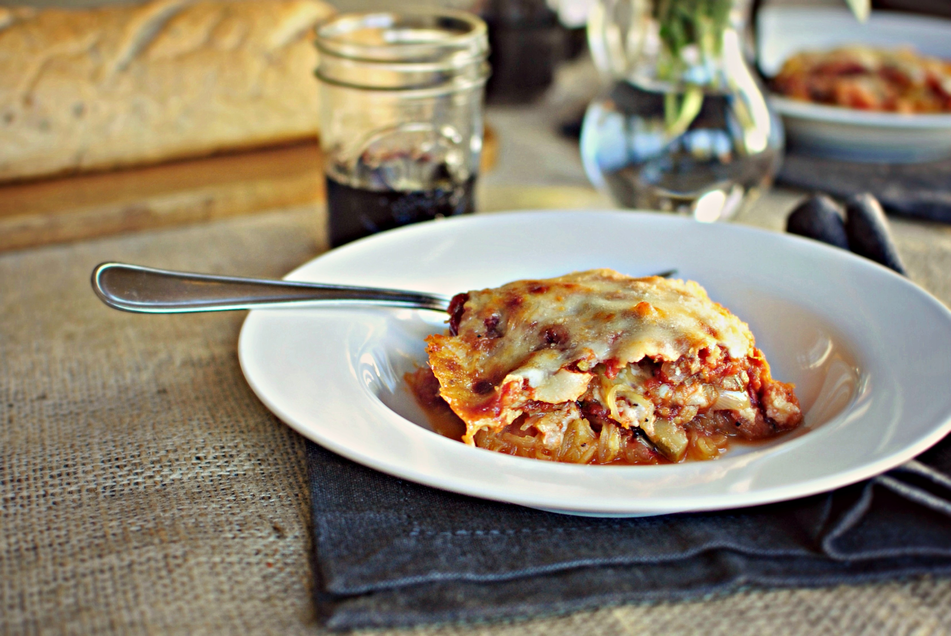 A pasta-less lasagna with layers of spaghetti squash and a hearty vegetable...