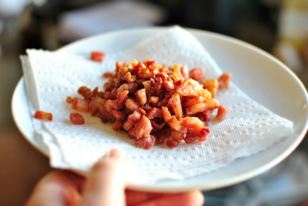transfer crispy pancetta to a paper towel lined plate. 