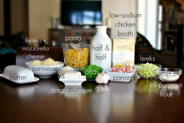 ingredients for Creamy Pancetta and Leek Macaroni and Cheese.