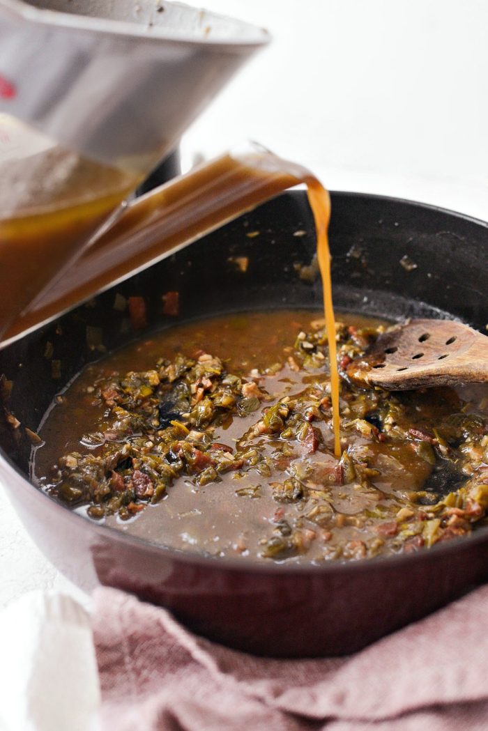 remove fat from cooking liquids and discard, pouring the remaining liquids back in the pot