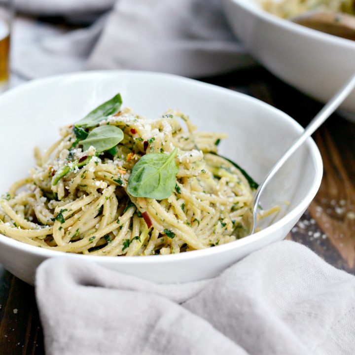 Whole Wheat Spaghetti with Zucchini + Spinach Almond Pesto Sauce