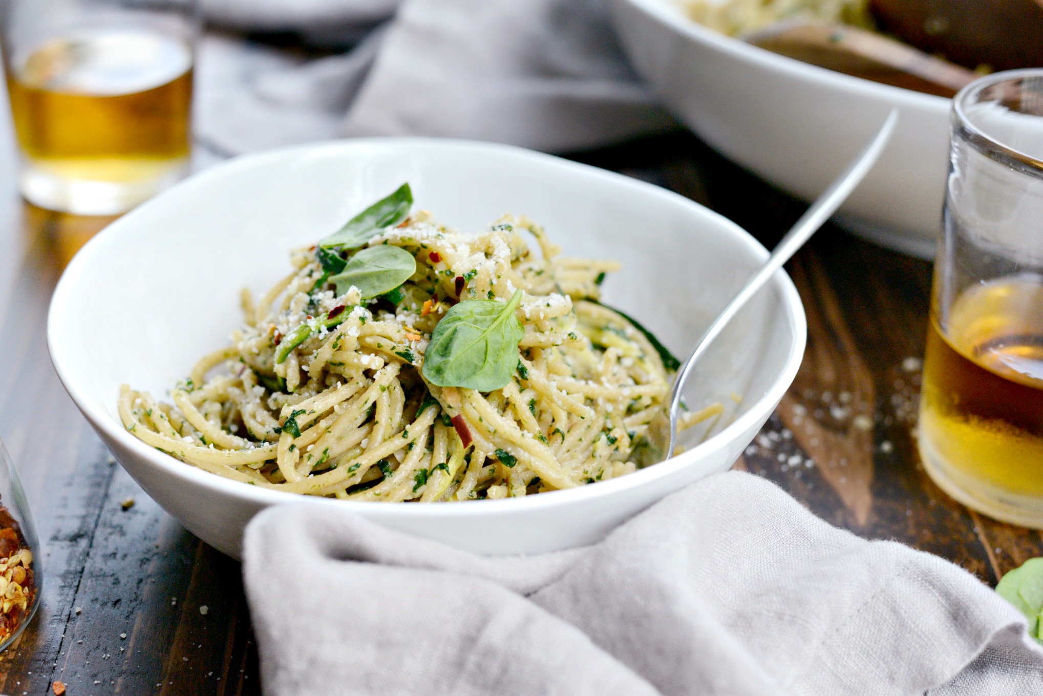 Whole Wheat Spaghetti with Zucchini + Spinach Almond Pesto Sauce