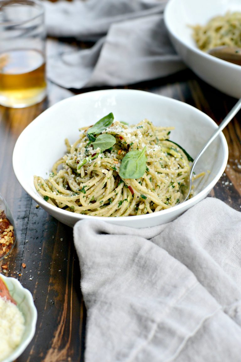 Whole Wheat Spaghetti with Zucchini + Spinach Almond Pesto Sauce