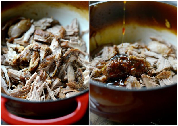 shredded pork in pot and covered in Korean bbq sauce