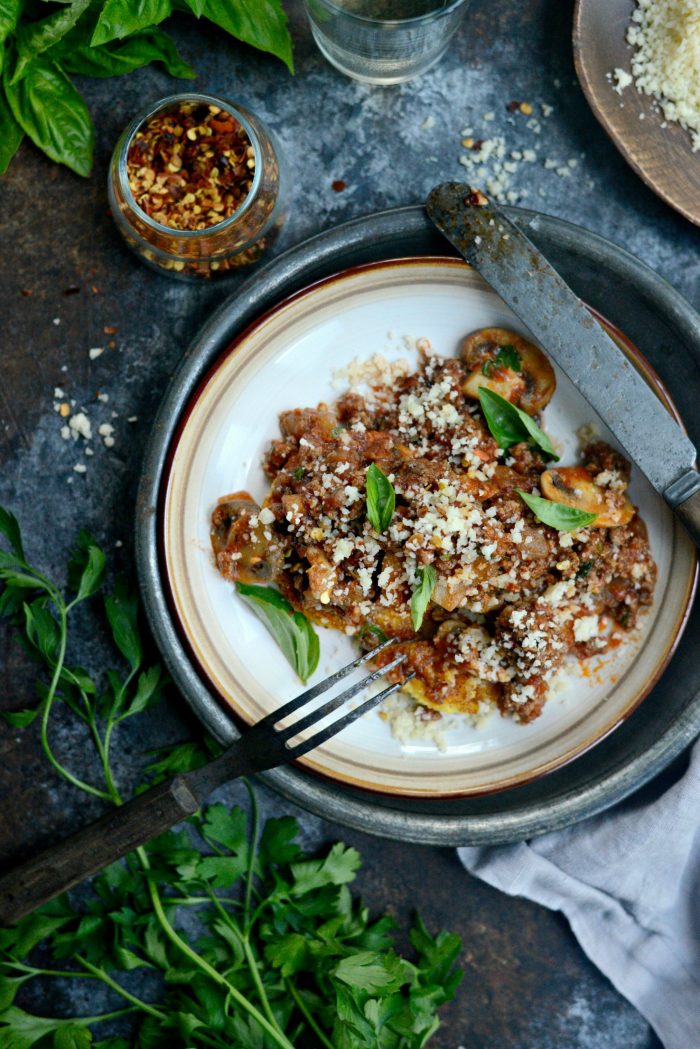 Beef and Mushroom Ragu over Fried Polenta