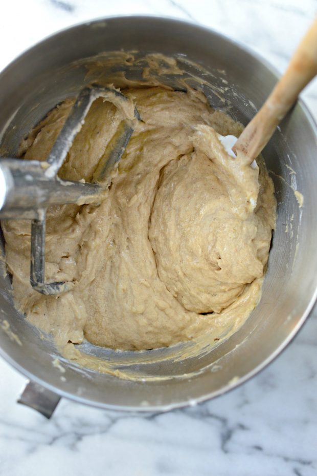 Banana bread batter in mixing bowl.