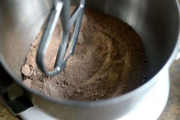 Homemade cake mix in bowl of stand mixer
