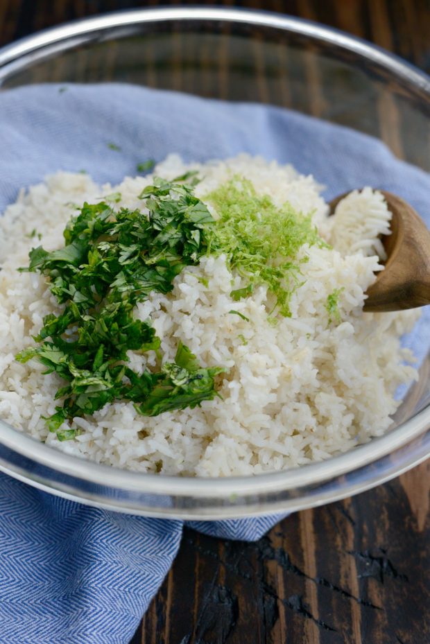 Add cooke rice to bowl and add lime zest and cilantro