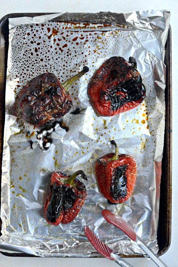 oven roasted red pepper on foil lined pan 