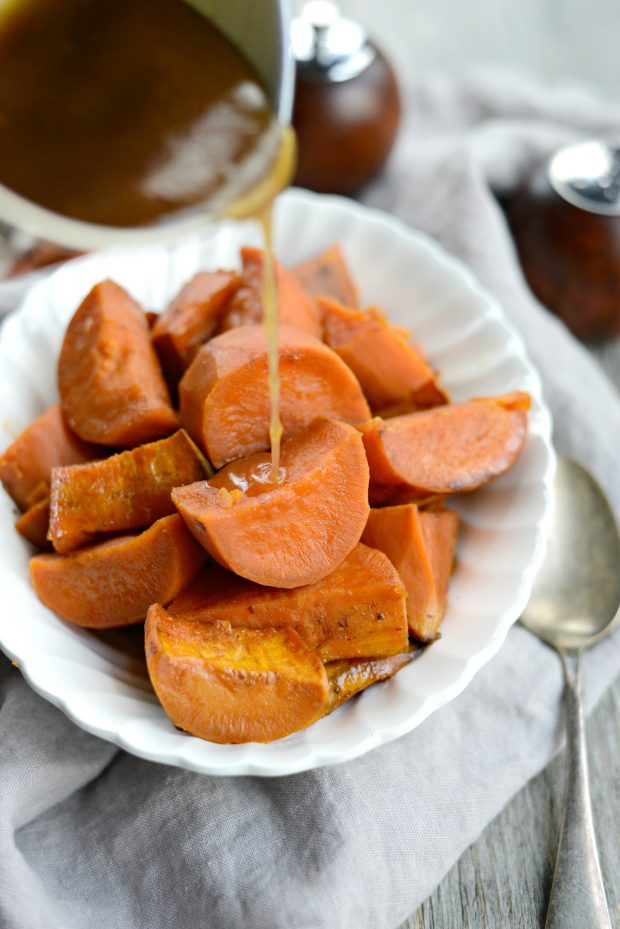 pour cooking liquid syrup over slow cooked sweet potatoes