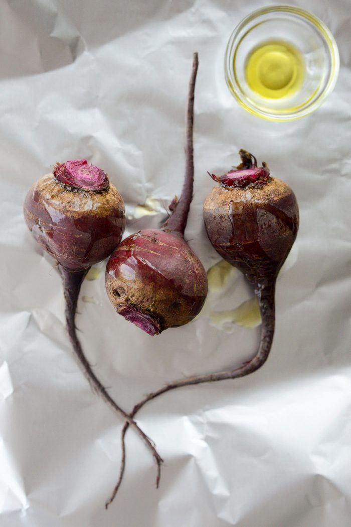 beets on foil drizzled with olive oil