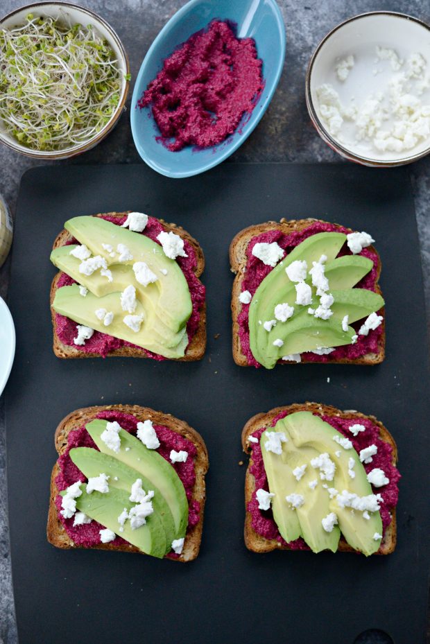 beet hummus toast with avocado and goat cheese