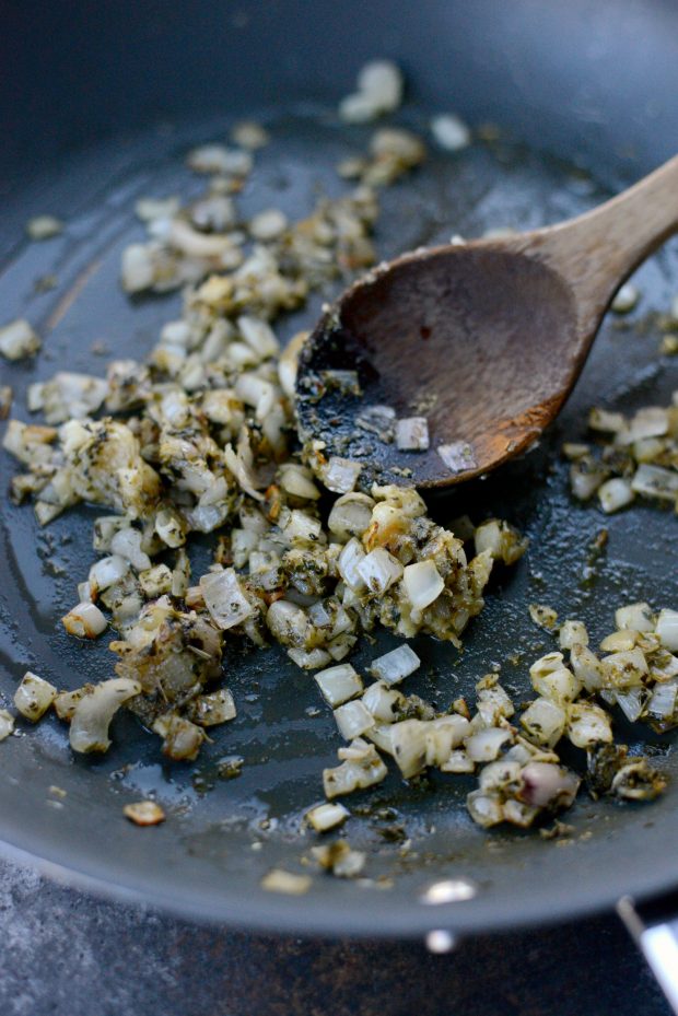 saute shallots and herbs with roasted garlic paste