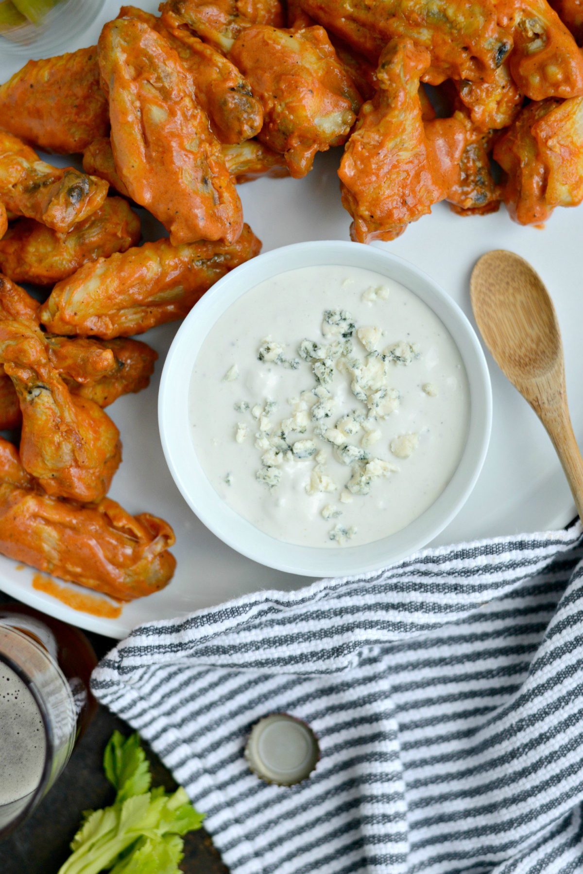 Spicy Garlic Chicken Wings with Blue Cheese Dip