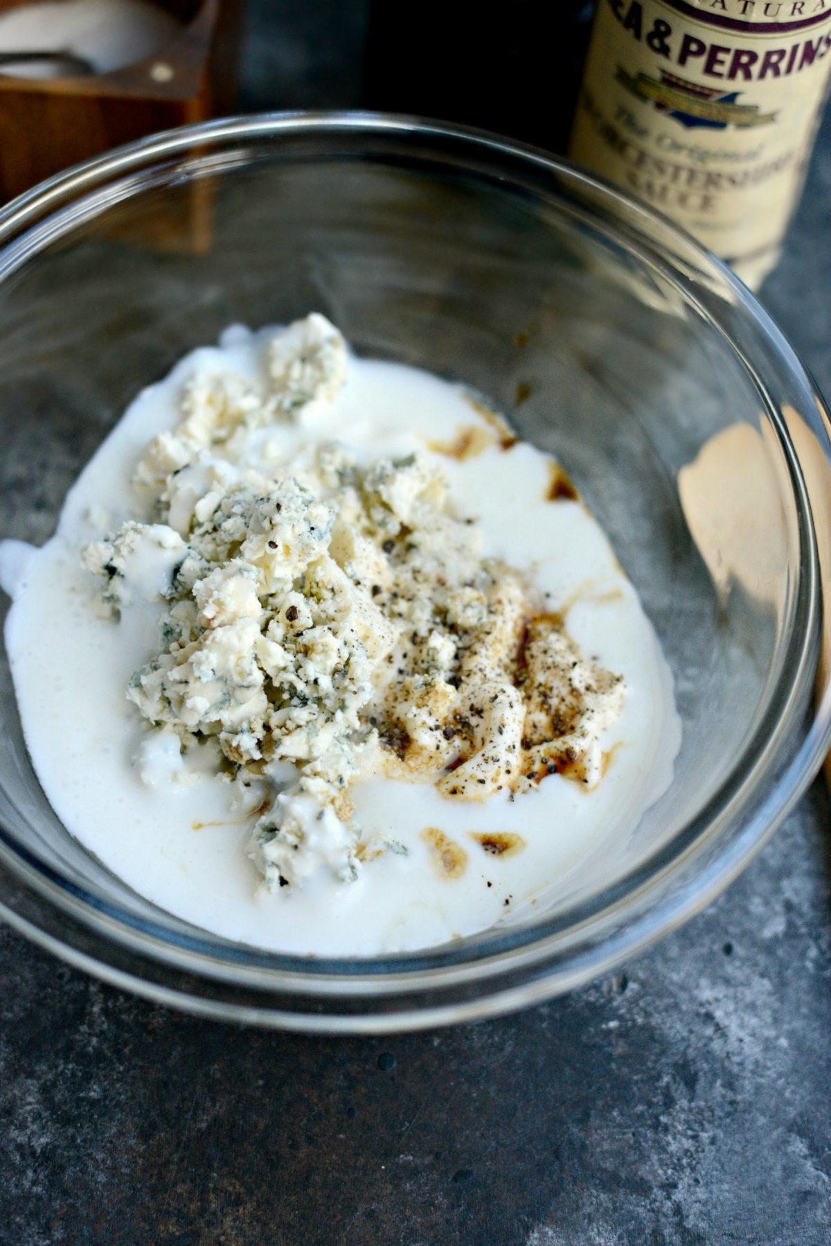 blue cheese dip ingredient measured in bowl.