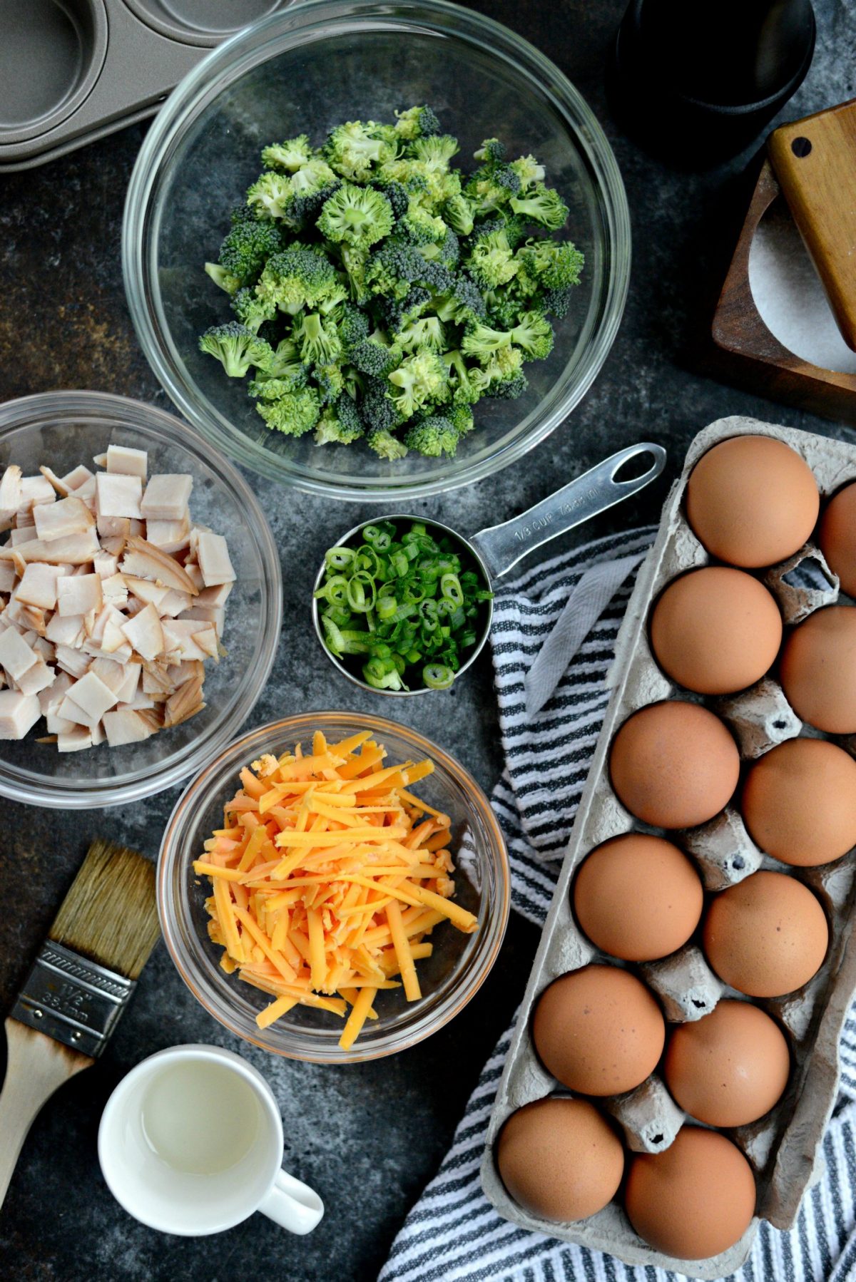 ingredients for Turkey, Broccoli and Cheddar Mini Frittatas