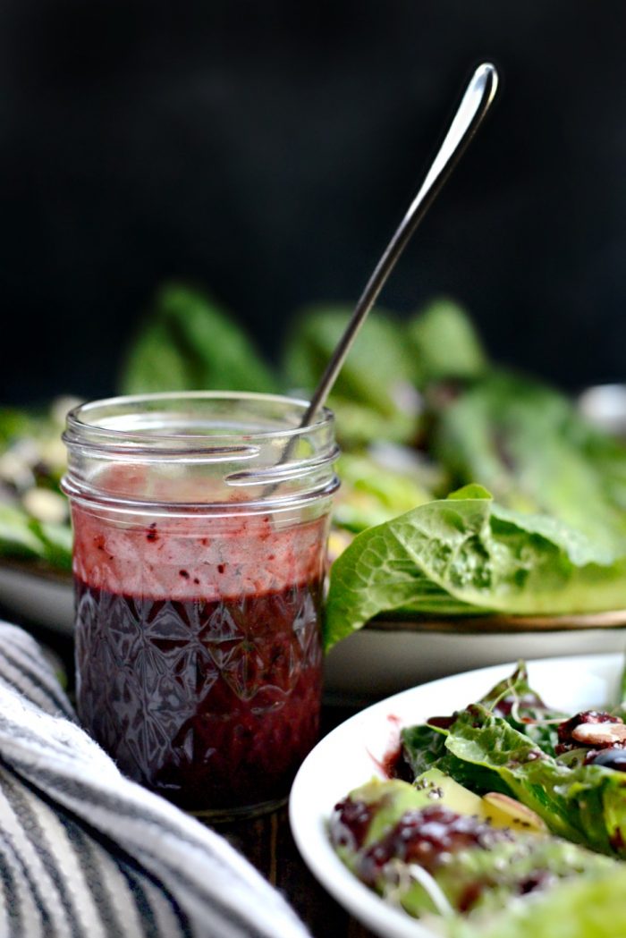 blueberry balsamic vinaigrette in glass jar with spoon