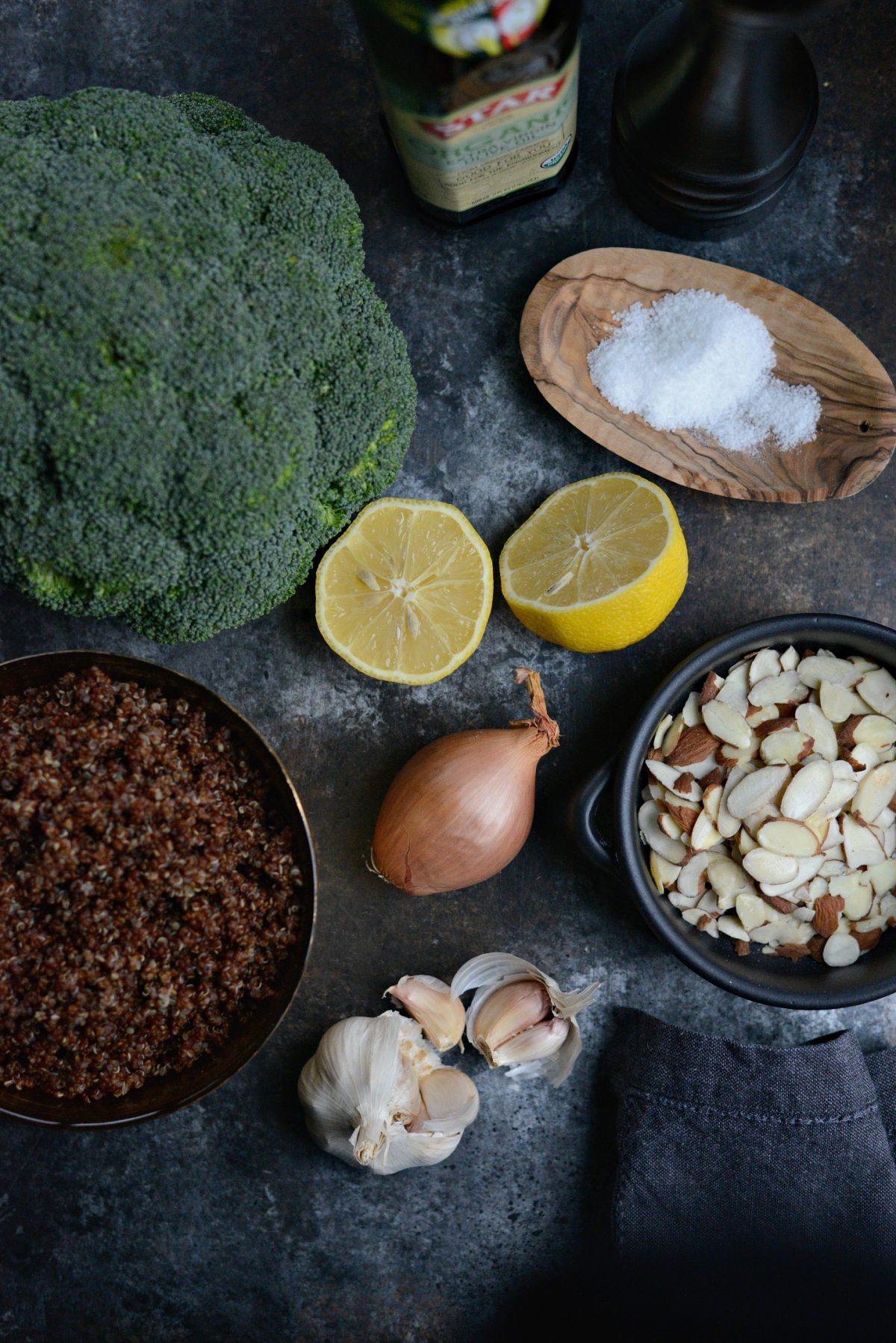 ingredients for Lemon Broccoli Almond Quinoa 