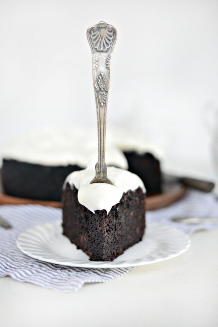 piece of Nigella's Chocolate Guinness Cake with fork.