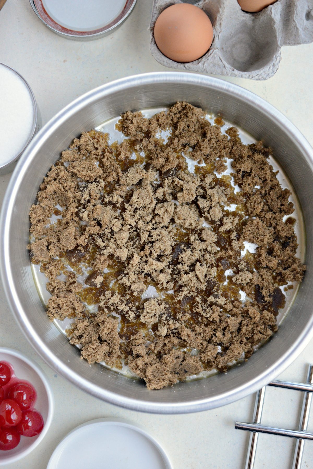 brown sugar in cake pan.