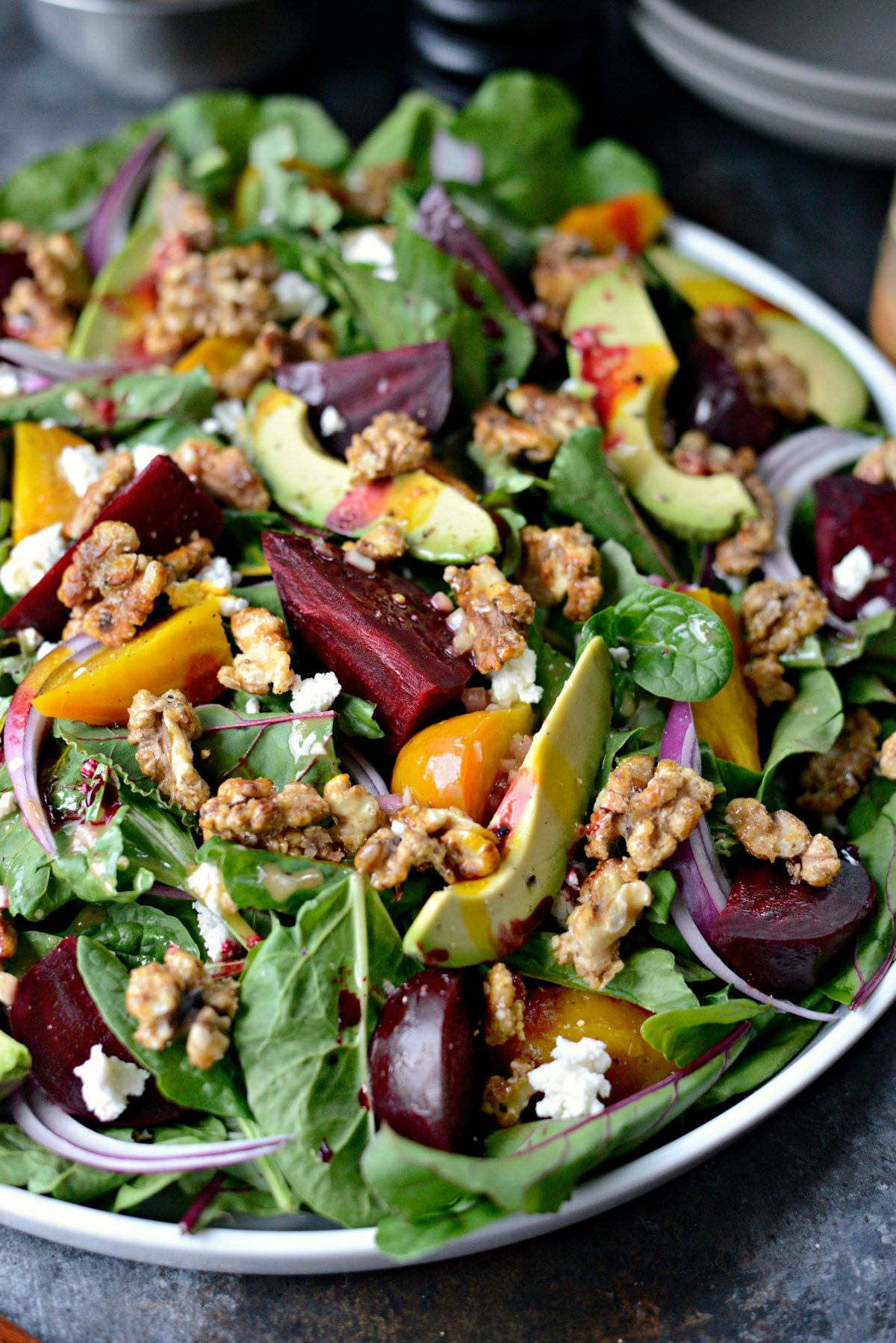 Roasted Beet Salad with Avocado, Goat Cheese And Honey Dijon Vinaigrette