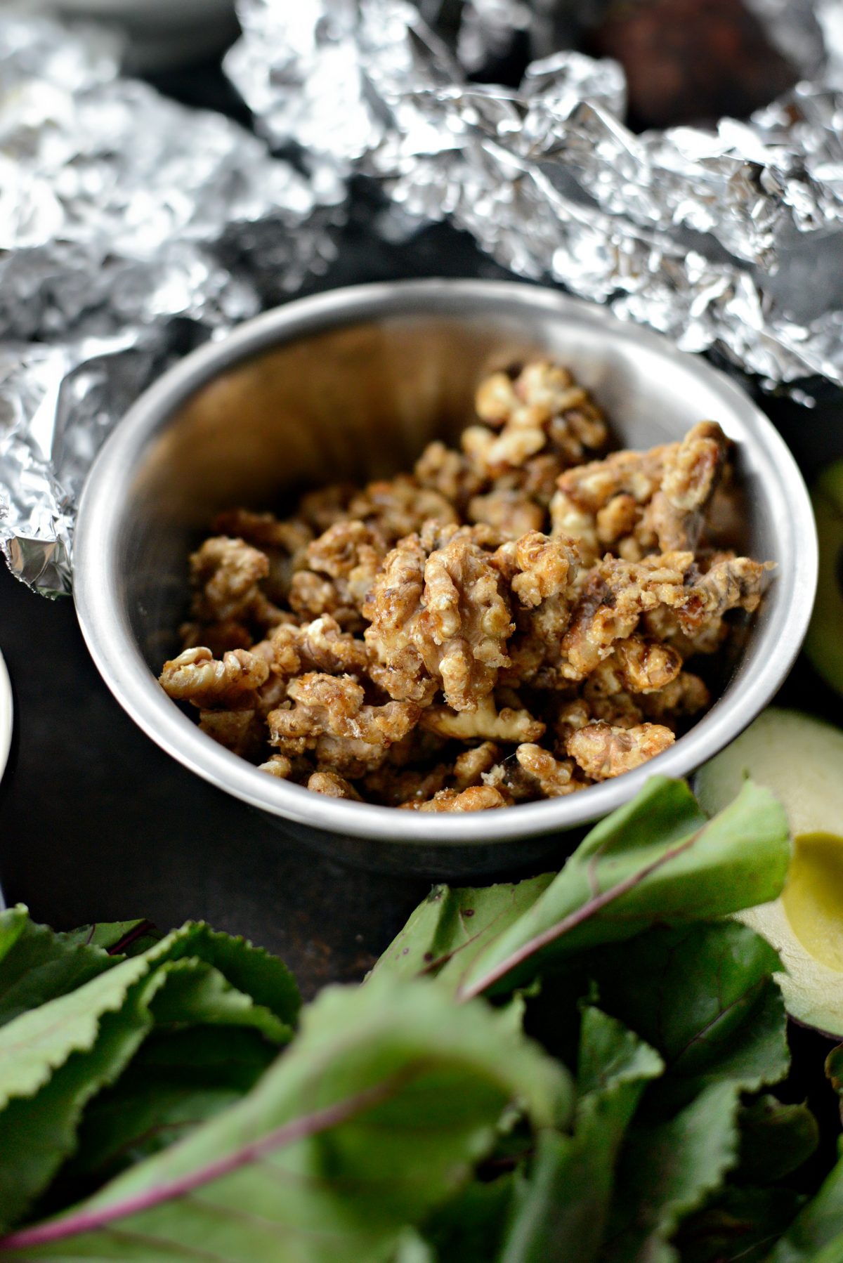 candied walnuts in bowl.