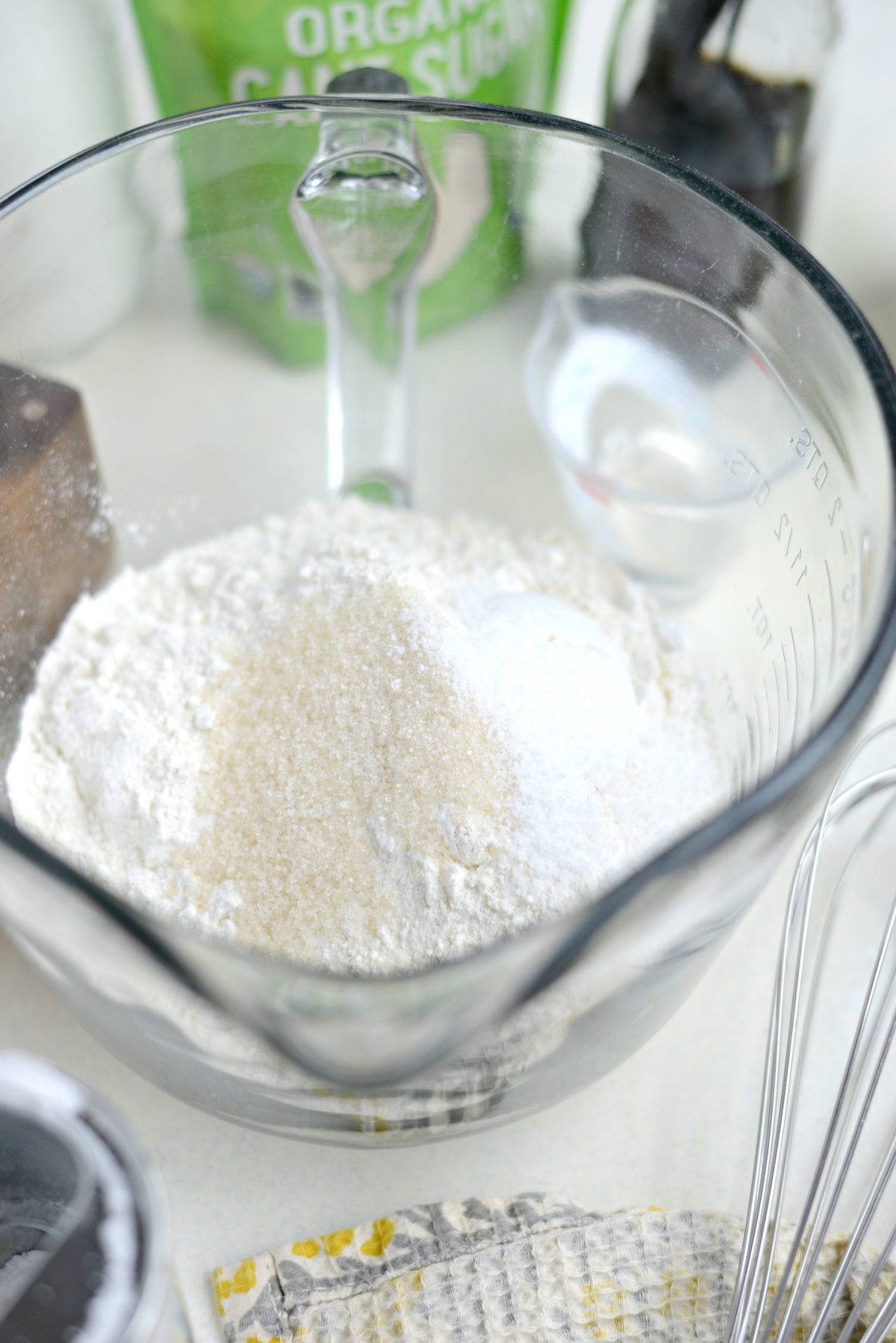 dry ingredients in a mixing bowl with spout