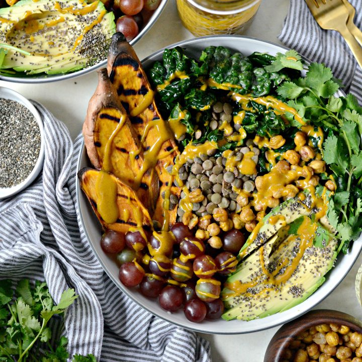 Grilled Sweet Potato, Lentil and Kale Buddha Bowl with Golden Almond