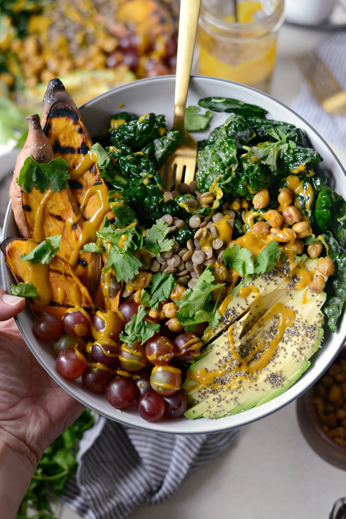 Grilled Sweet Potato, Lentil and Kale Buddha Bowl