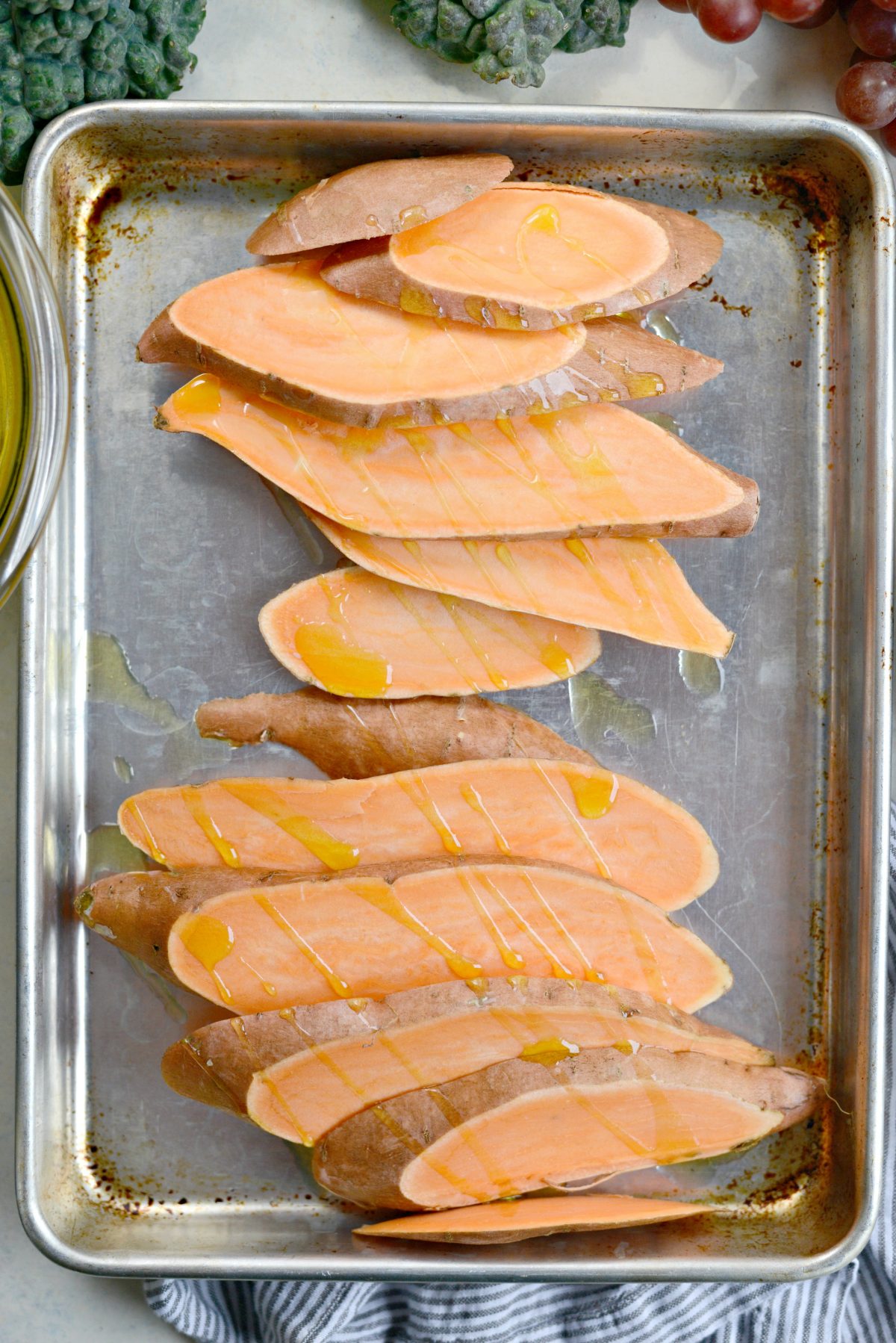 sliced sweet potato with olive oil.