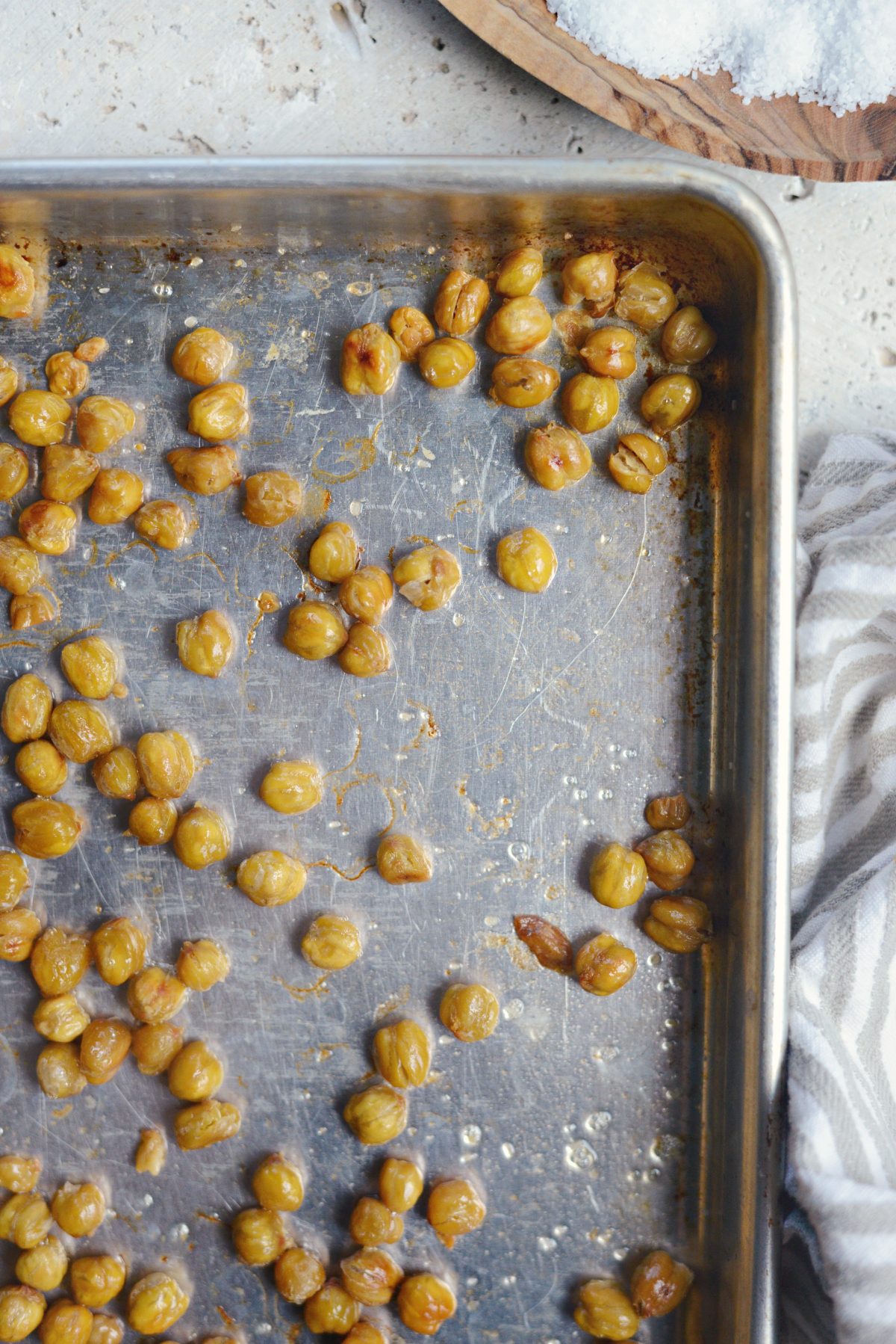 crispy chickpeas on rimmed baking sheet