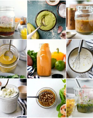 collage of homemade salad dressings and vinaigrettes