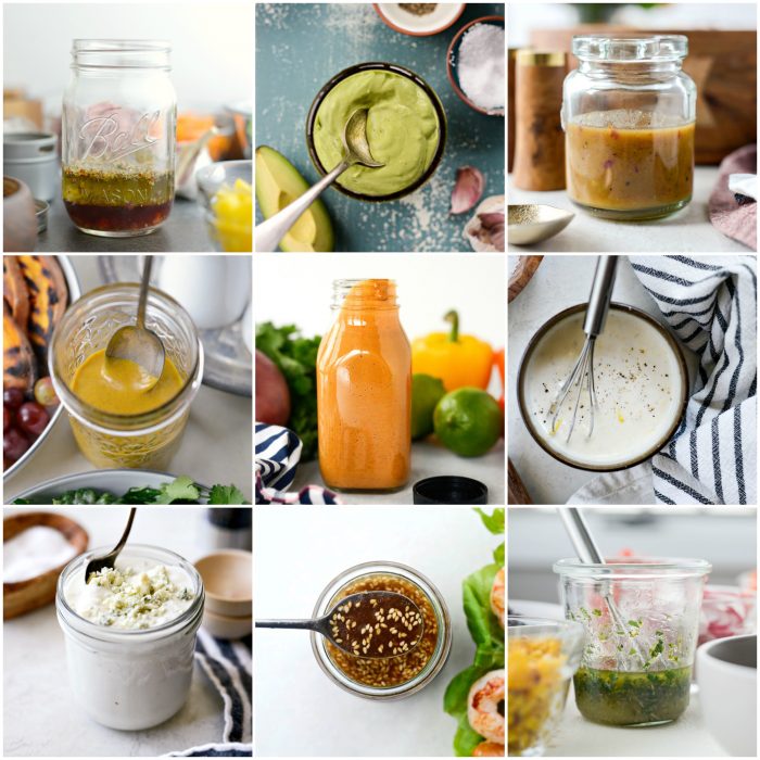 collage of homemade salad dressings and vinaigrette recipes