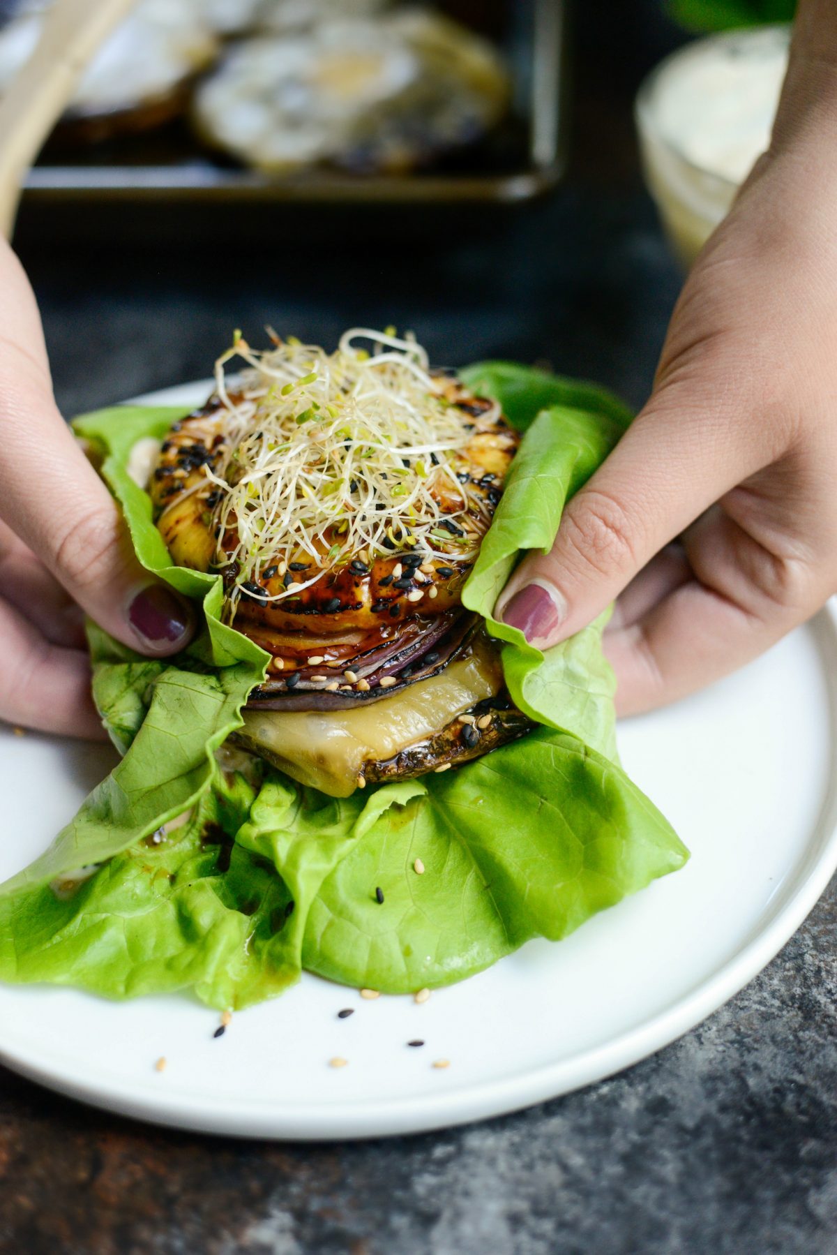 Grilled Teriyaki Portobello Burgers with Honey Wasabi Mayo 