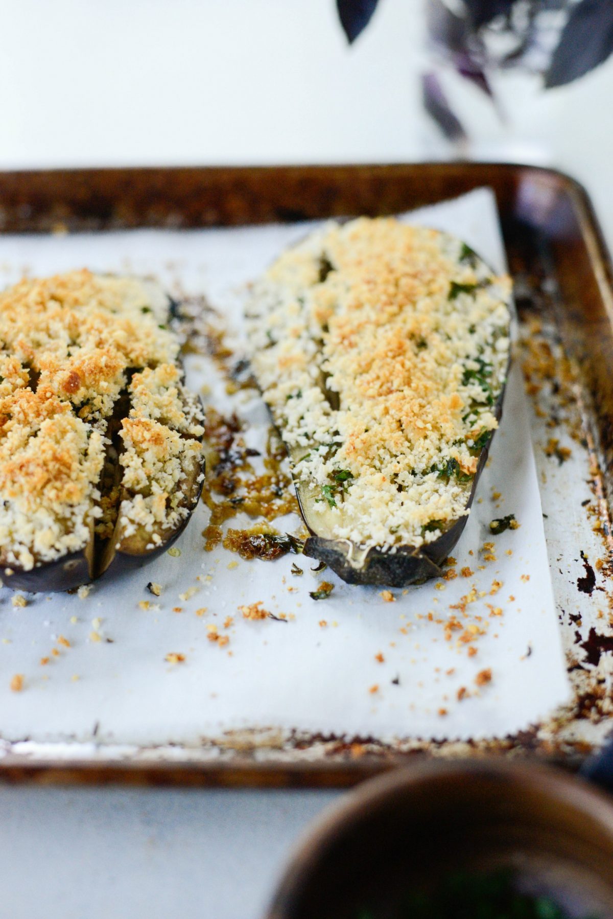 Baked Eggplant with Pecorino Crumbs out of the oven.