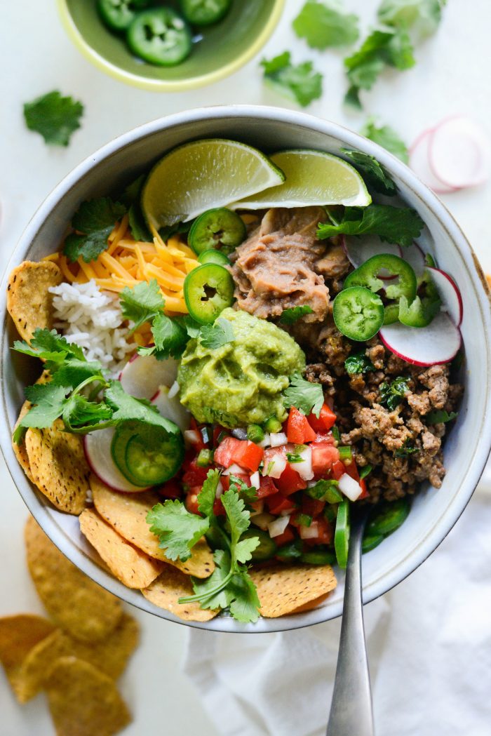 Cheesy Beef and Bean Burrito Rice Bowls 