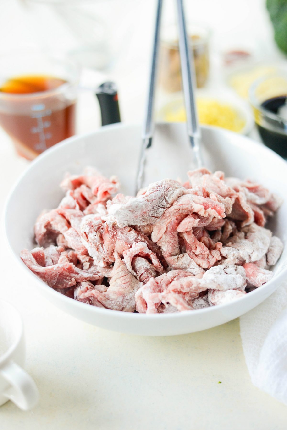 Sliced beef tossed in white pepper and cornstarch