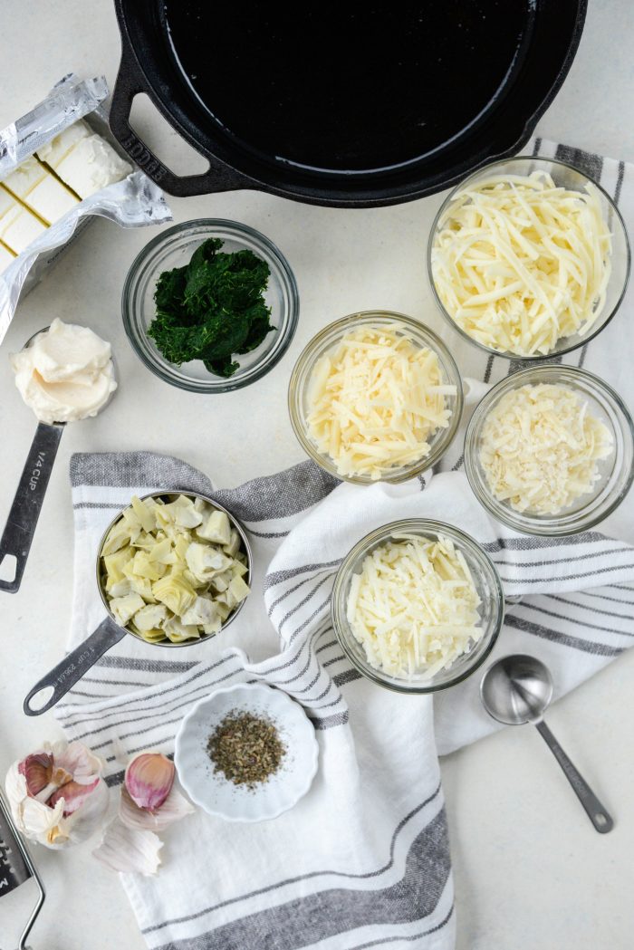 ingredients for Hot Four Cheese Spinach Artichoke Dip