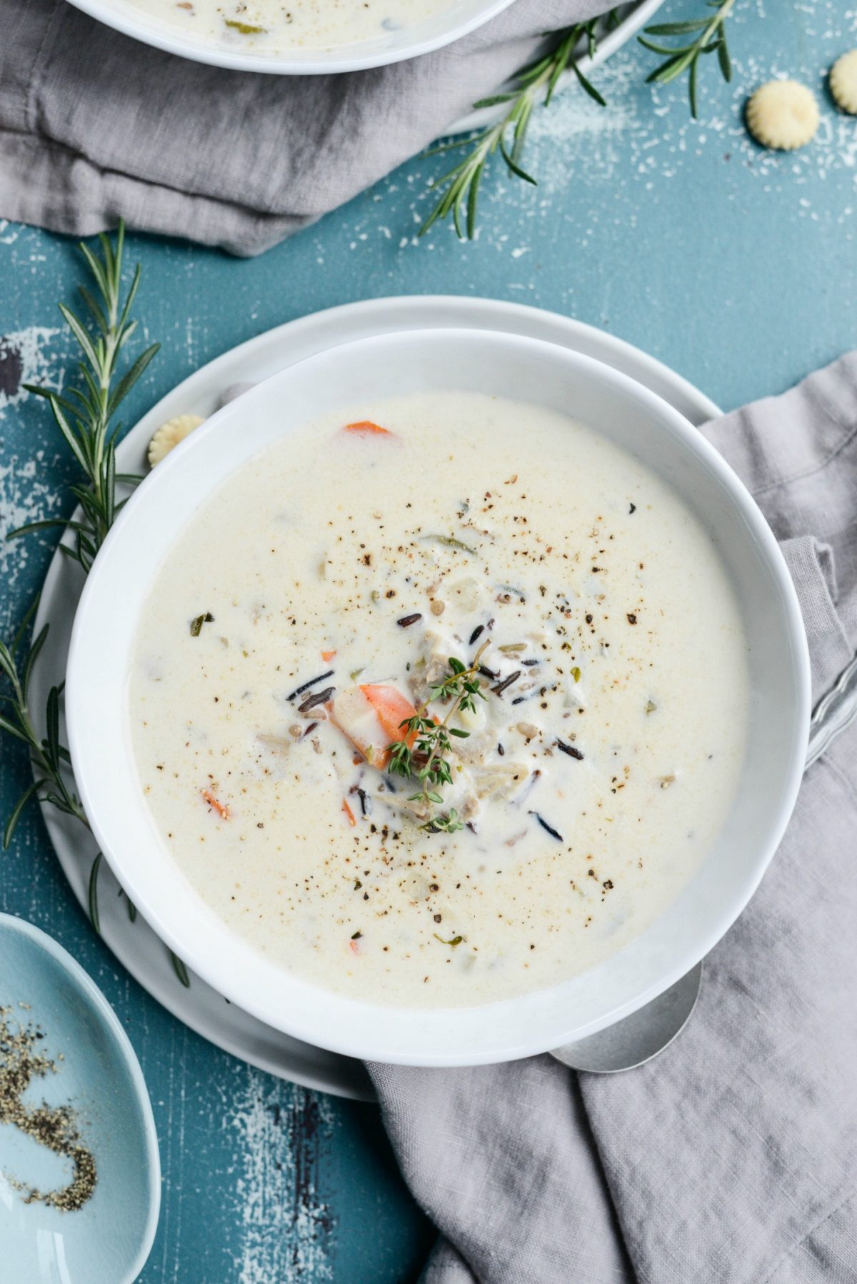 white bowl of Turkey Wild Rice Soup.