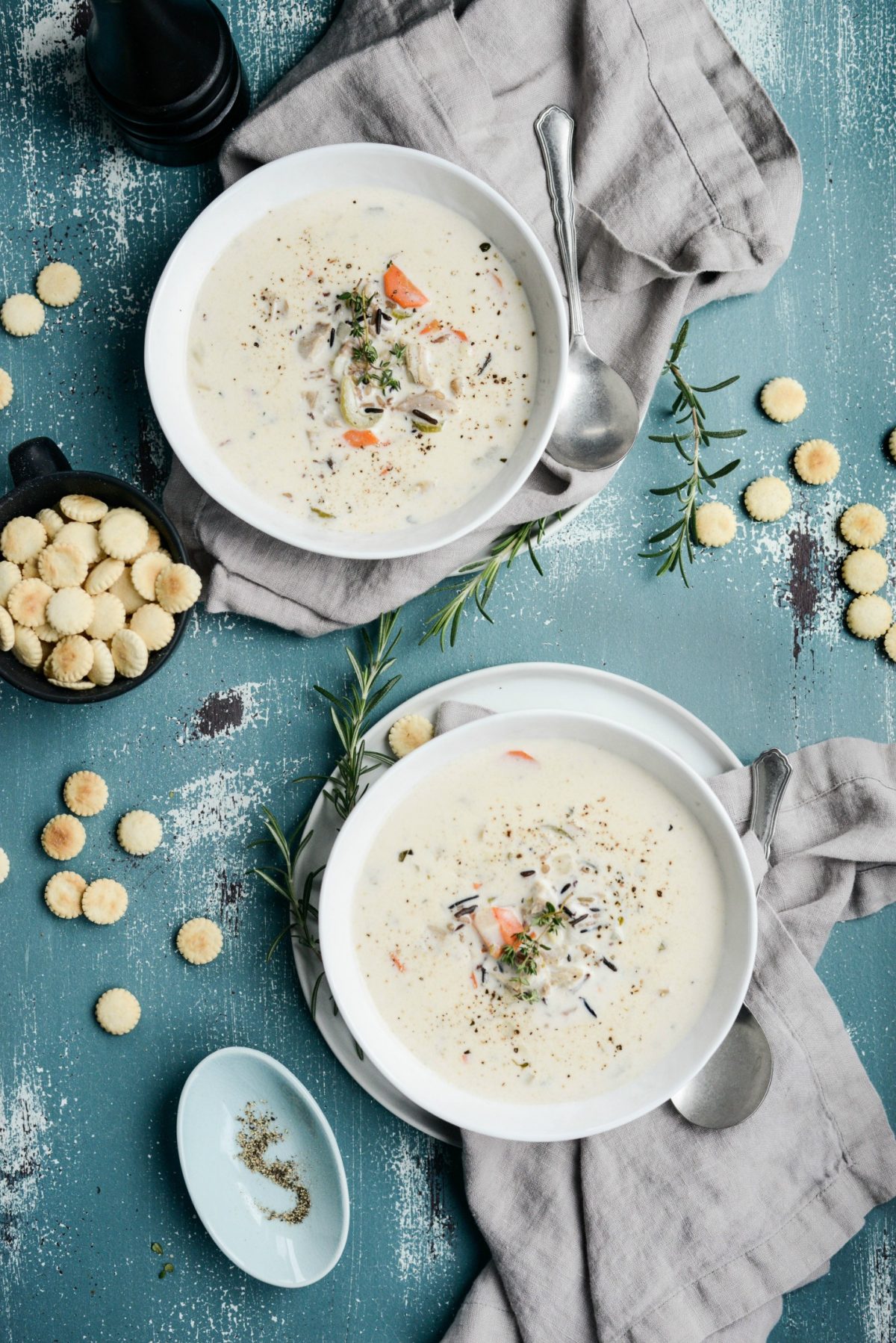 Turkey Wild Rice Soup for two with oyster crackers.