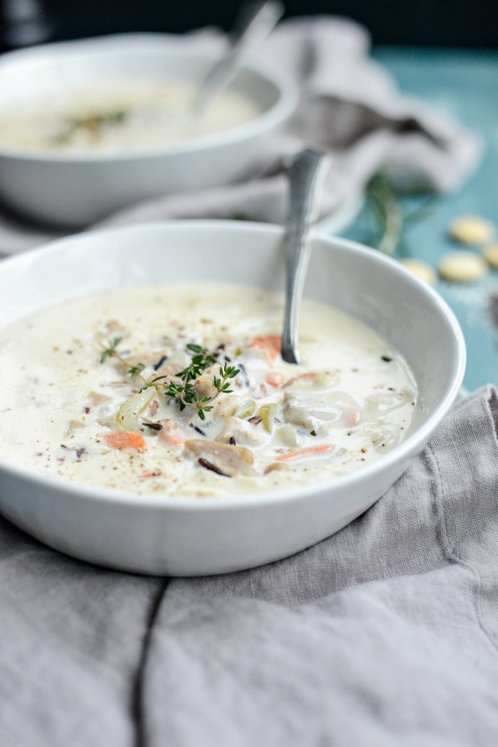 Turkey Wild Rice Soup with spoon in bowl.