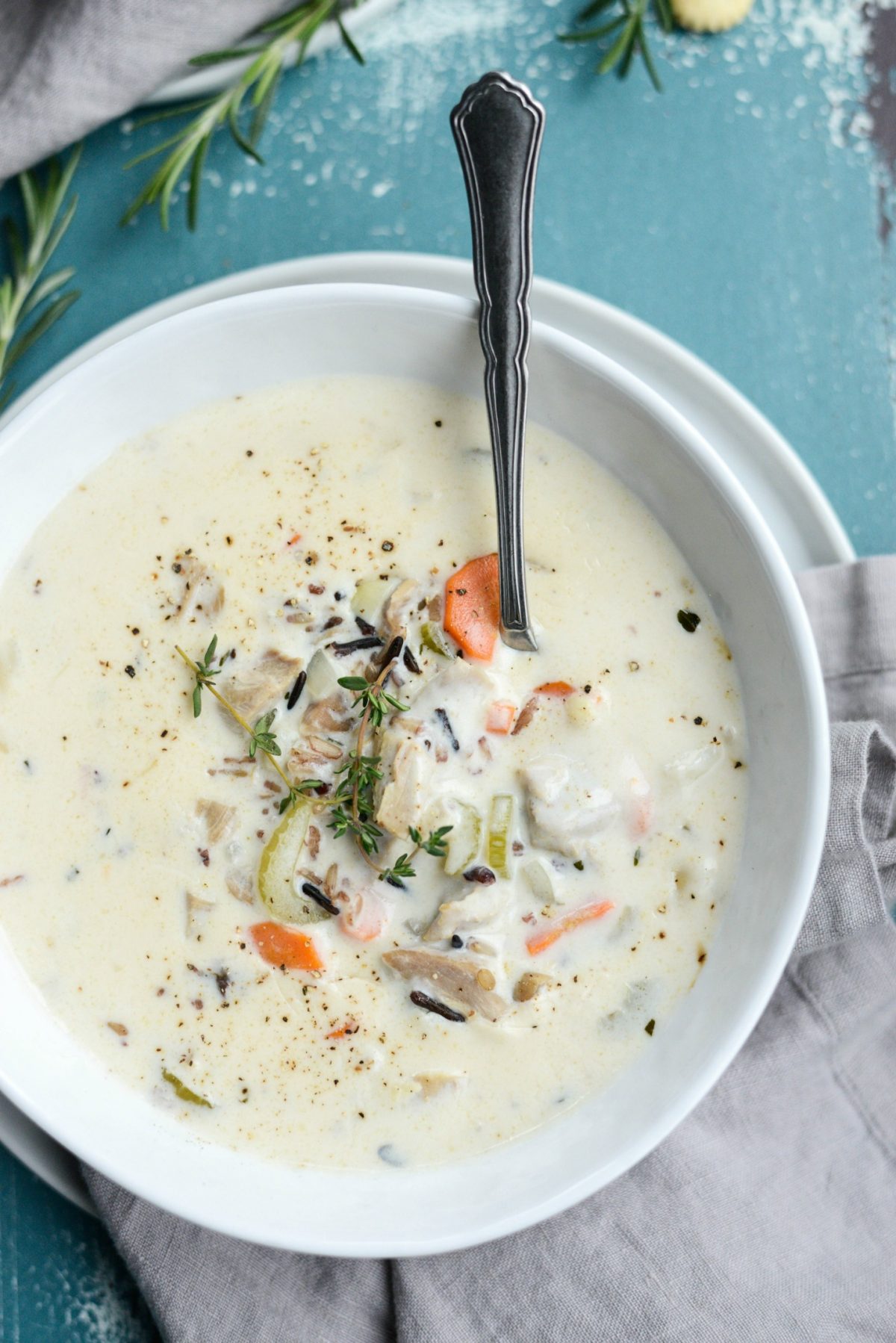 Turkey Wild Rice Soup bowl with spoon.